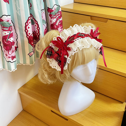 美丸手作 苏格兰格子蝴蝶结蕾丝原创洛丽塔发带