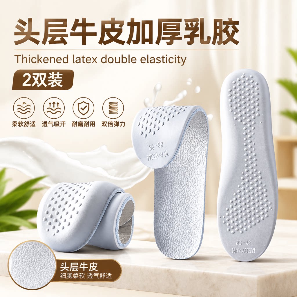 iqgd牛皮乳胶鞋垫男女加厚久站不累防痛吸汗透气超软运动减震鞋垫