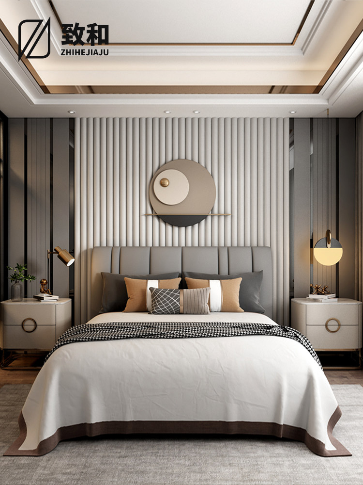 硬包卧室背景墙床头现代轻奢半圆柱简约金属条软包主卧床头护墙板