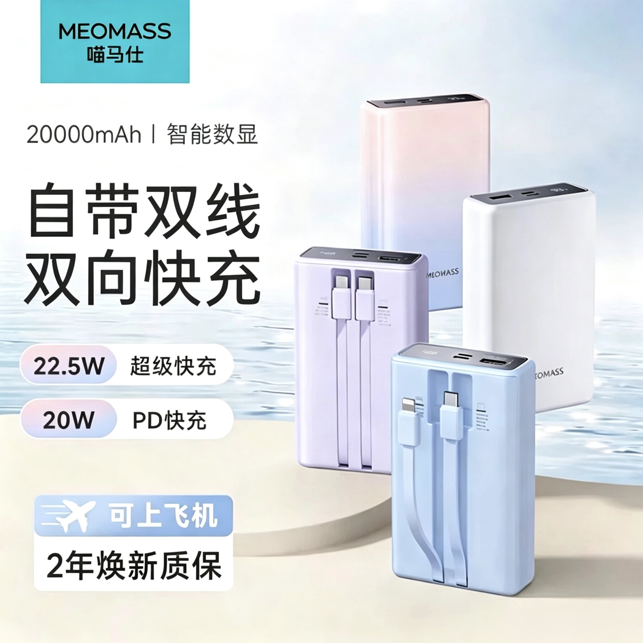【充电宝3C认证】喵马仕充电宝20000毫安大容量22.5W快充自带双线