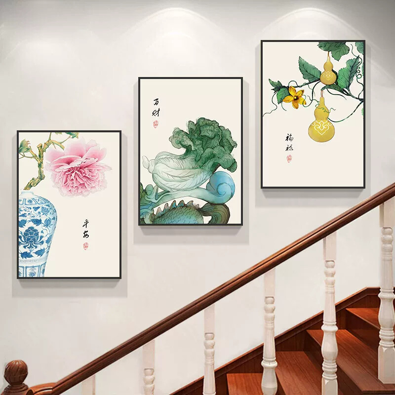 复式楼梯楼道楼梯间装饰画新中式花鸟墙壁画三联客厅走廊过道挂画