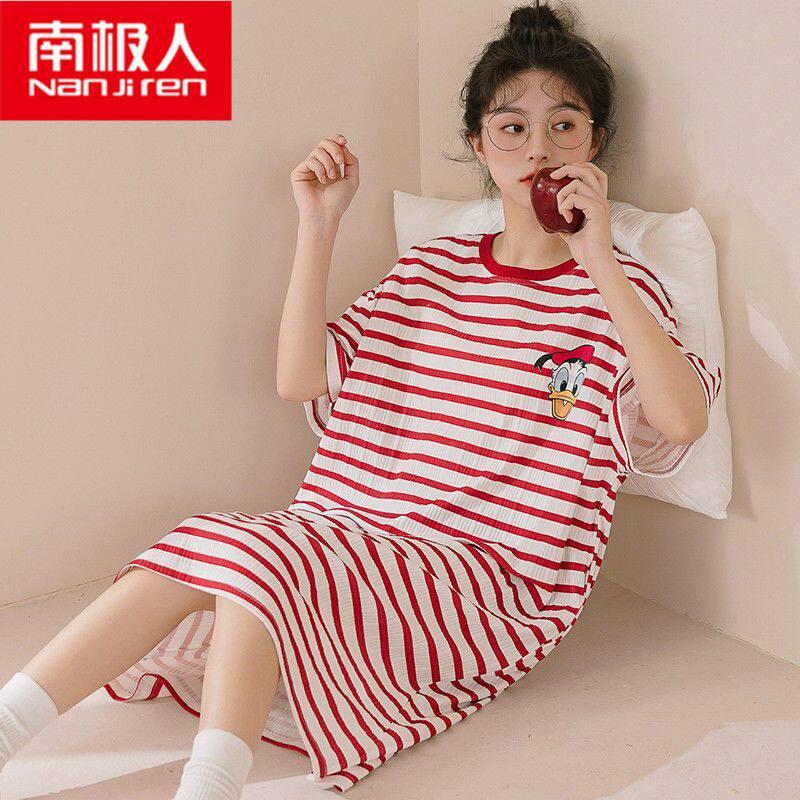 [南极人]睡衣女夏季睡裙短袖宽松可爱少女棉质学生韩版中裙夏家居