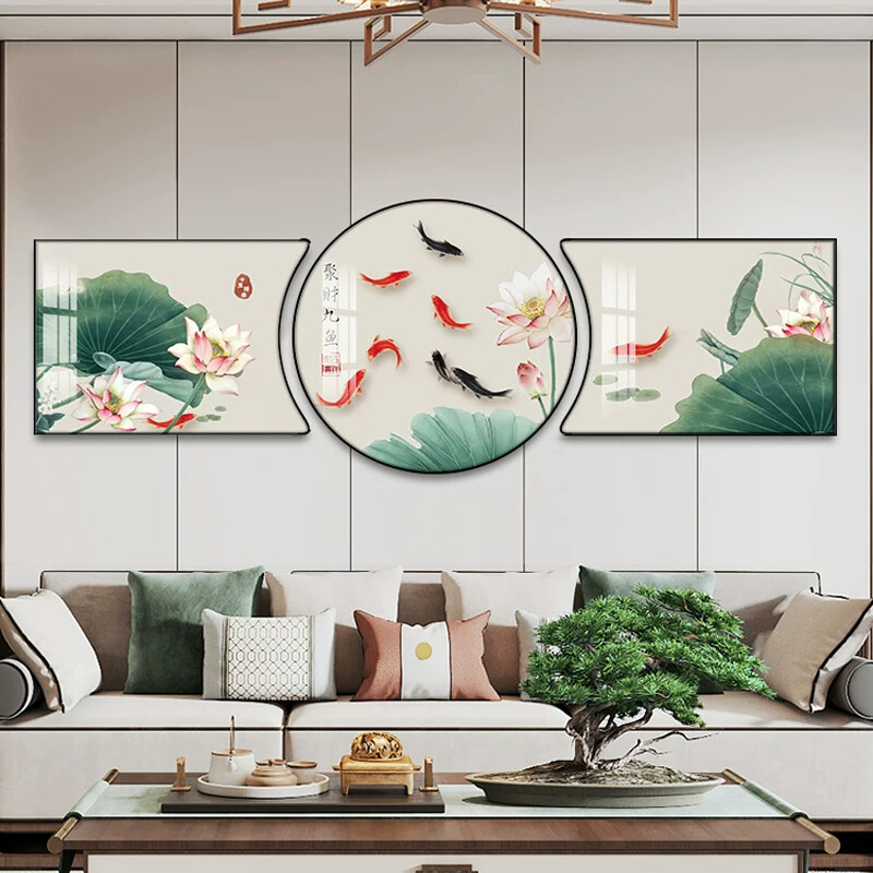 荷花鲤鱼图挂画客厅沙发背景装饰画新中式九鱼图三联画茶室壁画