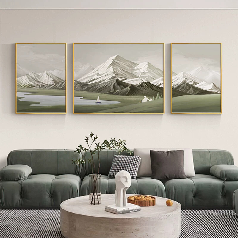 背有靠山客厅装饰画北欧风沙发背景墙挂画大气山水风景画三联壁画