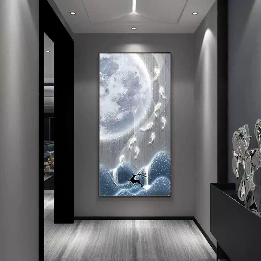 高档轻奢壁画九鱼图竖版入户玄关装饰画简约现代玄幻走廊过道挂画