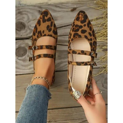 Womens Mary Jane flat shoes leopard print buckle comfortable