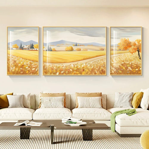 丰收麦田客厅装饰画黄金满地三联挂画现代简约沙发背景墙壁画