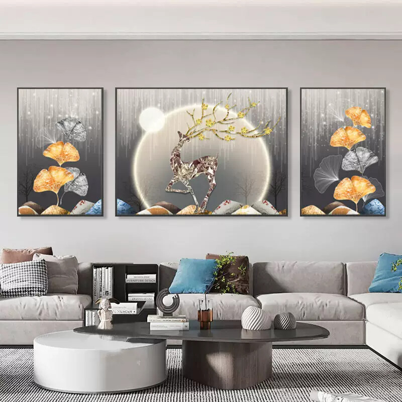 客厅装饰画现代简约抽象北欧轻奢沙发背景墙壁三联画冰晶玻璃挂画