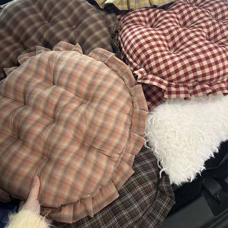 坐垫久坐不累复古格子纯棉色织水洗棉大花边坐垫榻榻米蒲团靠垫餐