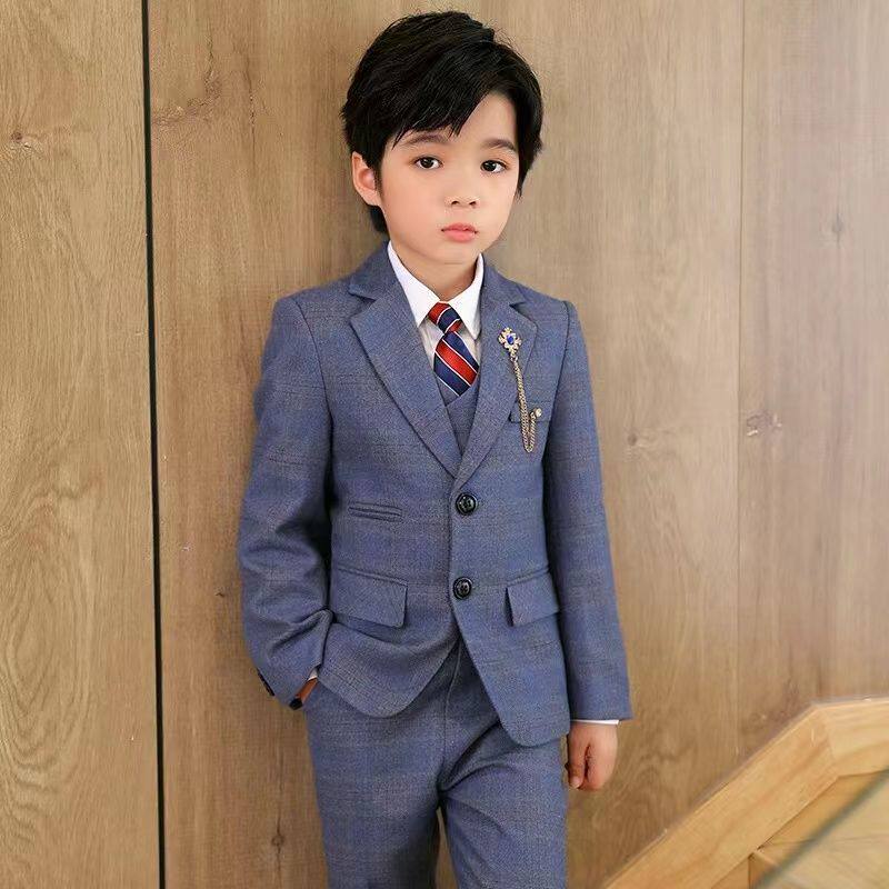 儿童套装韩版格子小西装外套演出服男童钢琴主持演讲礼服秋冬新款