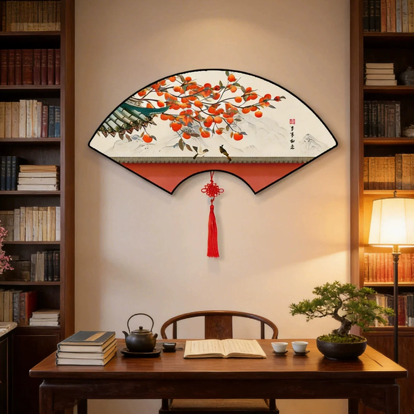 扇形扇面挂画中国结新中式客厅装饰画饭店背景墙柿子墙面壁画