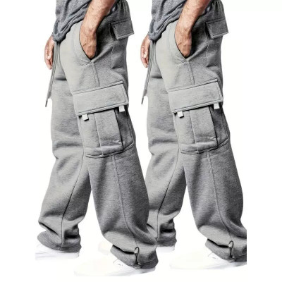 2pcs Men's Solid Loose Fit Cargo Pants with Multiple Flap