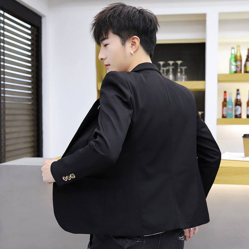 短款小西装男青少年修身上班工作服春秋西服外套发型师纯黑色西装