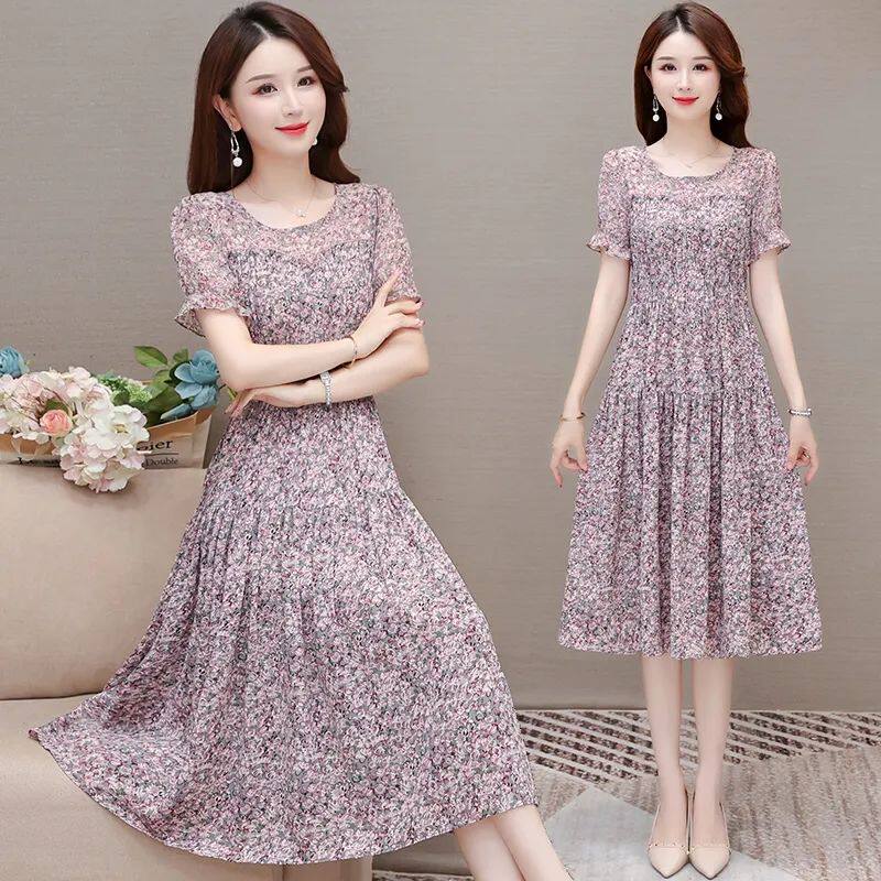 雪纺连衣裙女显瘦2026夏季新款时尚宽松大码收腰修身碎花遮肚裙子