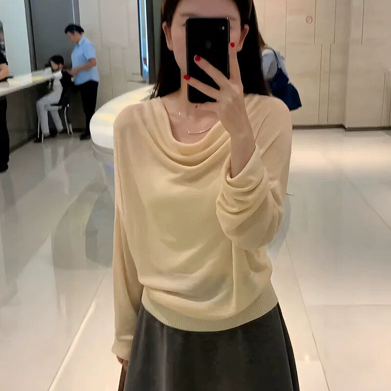 大码高级感荡领一字肩长袖针织衫女春季新款胖mm显瘦内搭外穿上衣