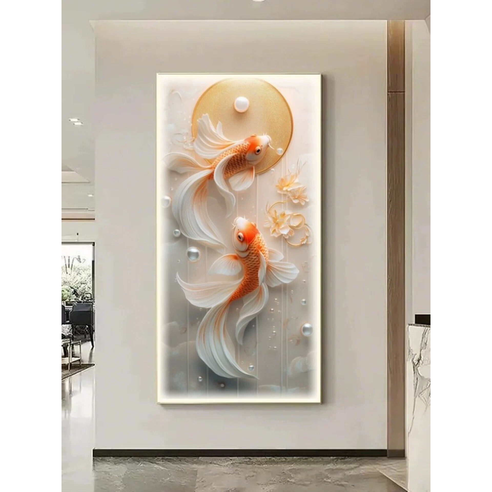 锦鲤好运临门玄关装饰画竖版高级感led灯画现代轻奢走廊过道挂画