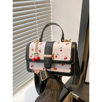 Cherry Print Satchel Handbag with Cherry Pendant Charm