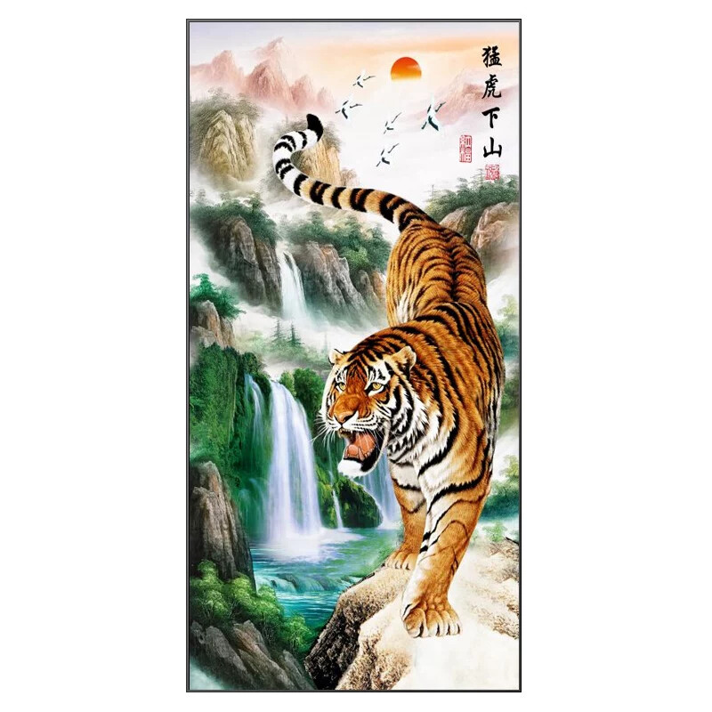 新中式玄关装饰画下山虎虎年挂画走廊入户大气猛虎国画老虎壁画
