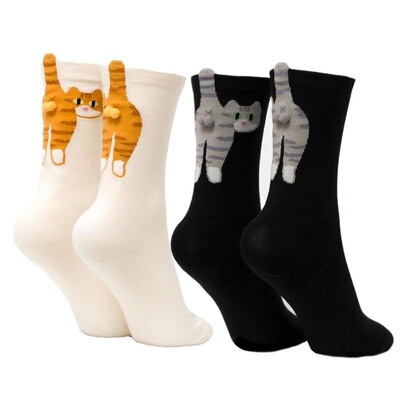 E 27921 Cartoon Cat White Socks 卡通猫咪长袜 欧美风向跨境
