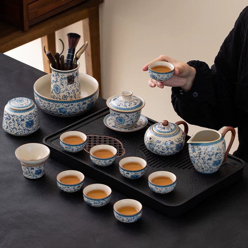 青花汝窑功夫茶具套装整套家用茶壶高档喝茶盖碗泡茶陶瓷茶杯茶盘