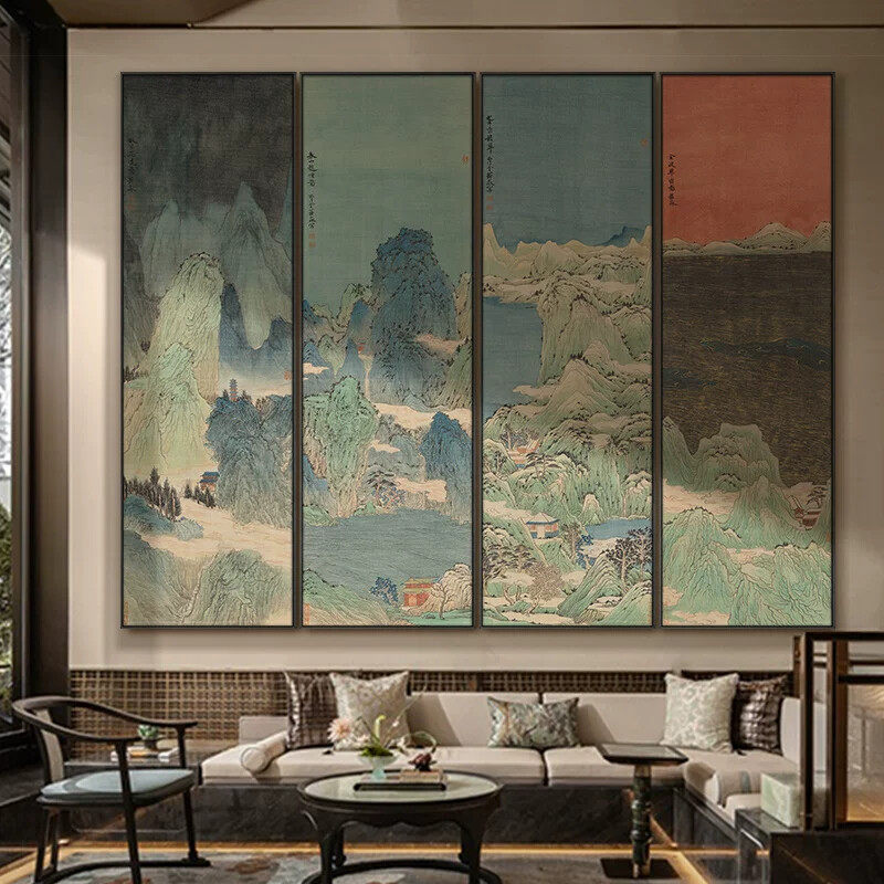 法式中古风客厅沙发背景墙四联条屏挂画新中式民宿酒店山水装饰画