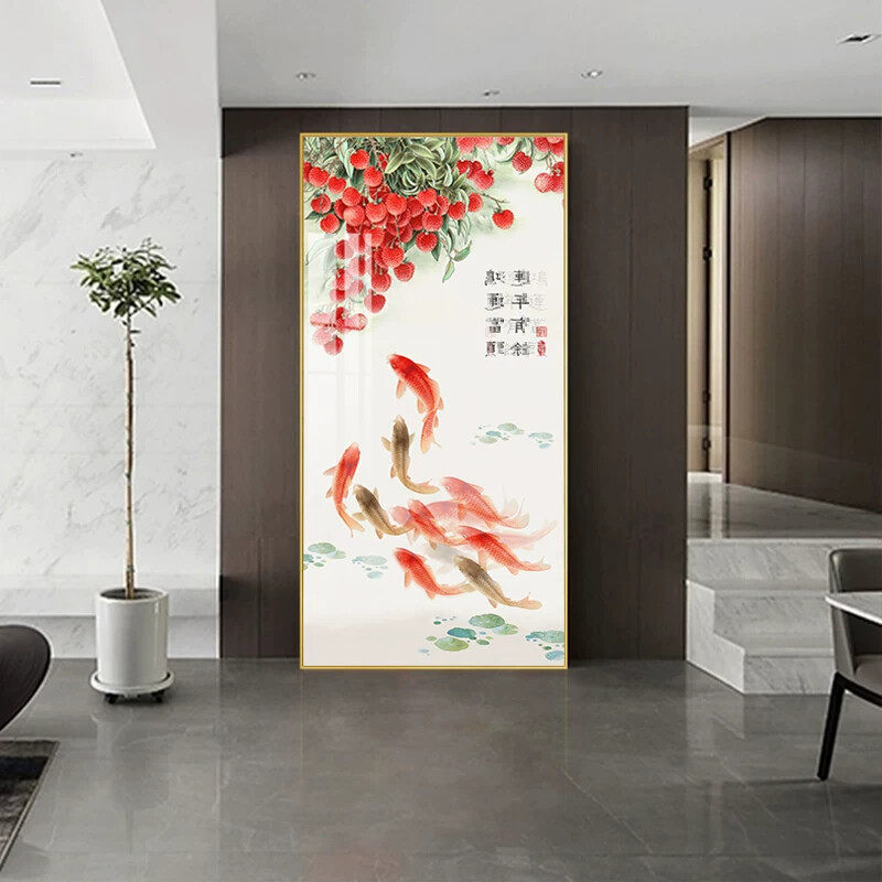新中式九鱼图挂画适用玄关客厅背景墙 金属框晶瓷装裱画可客制尺