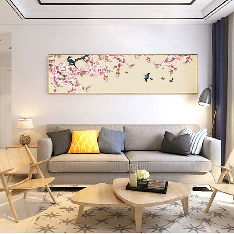 现代新中式桃花手绘花鸟装饰画春意盎然横版墙画客厅卧室床头挂画