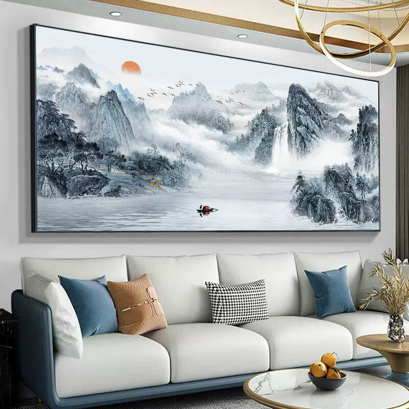 流水生财装饰画客厅沙发背景墙壁画新中式办公室山水挂画风景国画