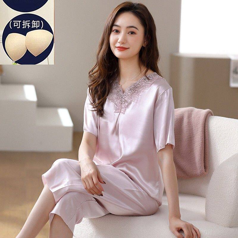 南极人加肥200斤胖MM睡衣女夏季冰丝绸短袖中年妈妈家居服带胸垫