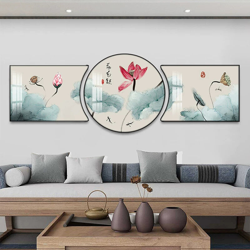 荷花鲤鱼图挂画客厅沙发背景装饰画新中式九鱼图三联画茶室壁画