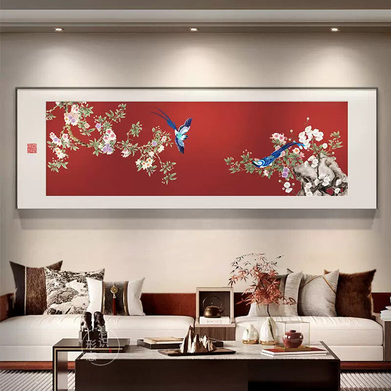 喜上眉梢新中式卧室床头装饰画中国风花鸟客厅茶室背景墙挂画横版