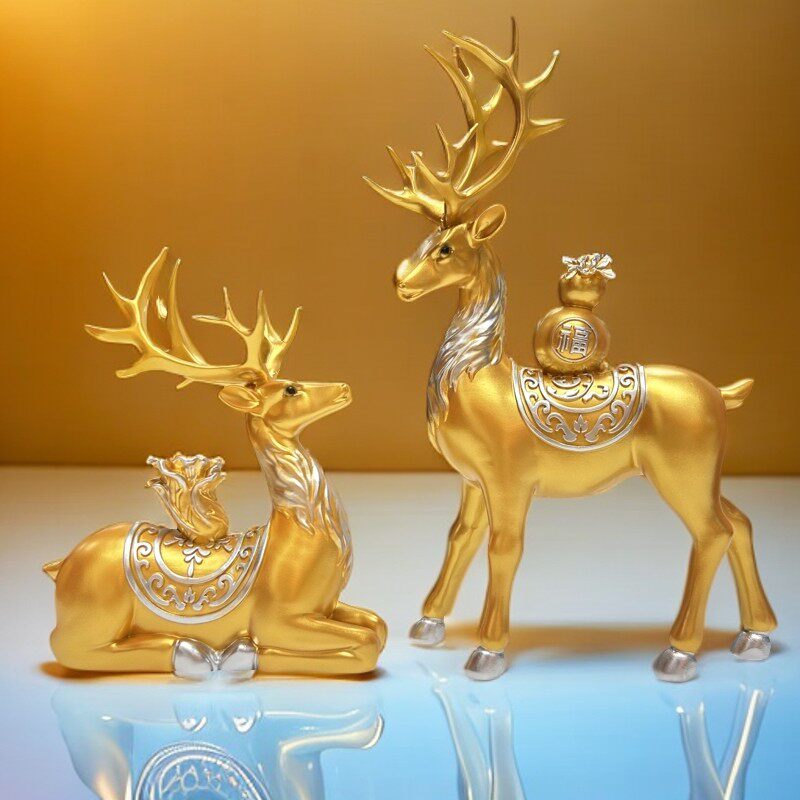 新款大号对鹿白菜葫芦鹿松弛感中式梅花鹿摆件装饰品玄关酒柜客厅