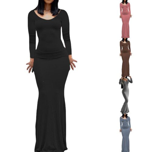 Womens Casual Dress Solid Color Long Sleeve Round Neck Slim