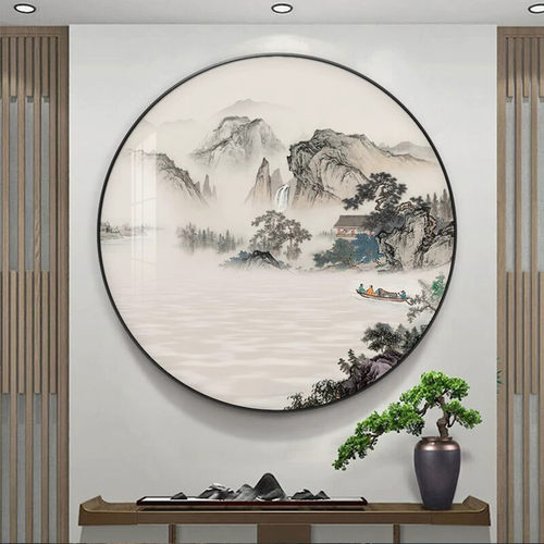 新中式圆形装饰画客厅入户玄关山水风景水墨画禅意茶室办公室挂画