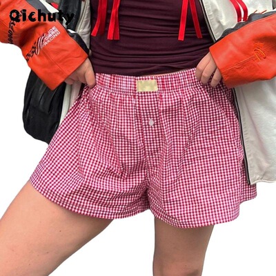Trendy basic summer Womens Plaid Print Shorts Elastic Low