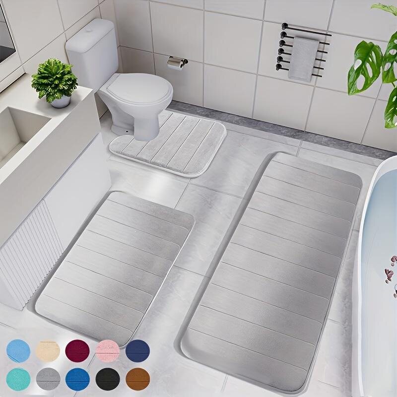 3pcs Memory Foam Strip Bath Mats Fast Absorbent Washable