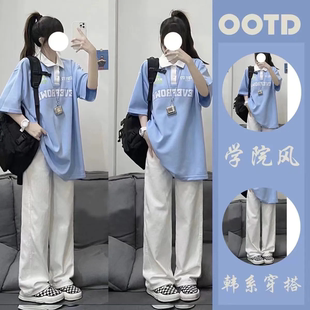 初中生女装夏季套装学生韩版宽松显瘦印花Polo短袖T恤休闲裤子ins