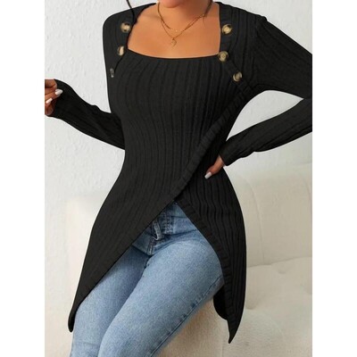 Womens Plain Asymmetrical Hem Button Decor Ribbed Tee