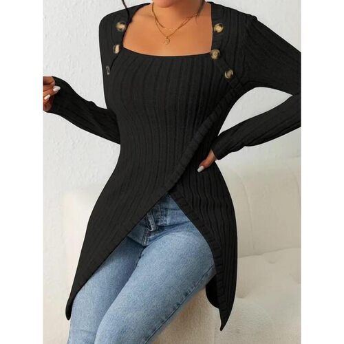 Womens Plain Asymmetrical Hem Button Decor Ribbed Tee