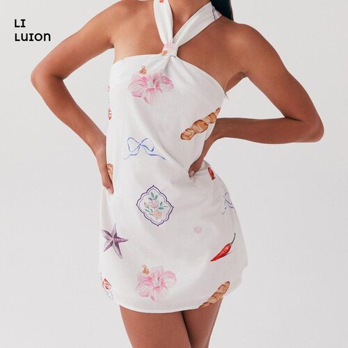 Women Halter Mini Dress Sleeveless Cross Tie Up Backless
