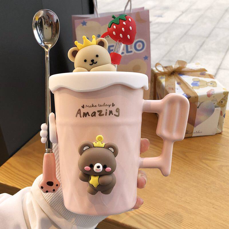 新款马克杯女生带盖ins高颜值水杯办公室小熊陶瓷杯子女生日礼物
