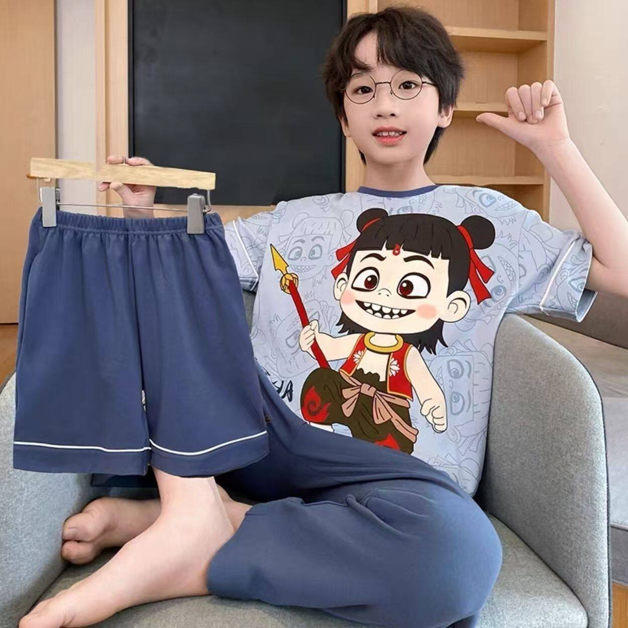 三件套男童睡衣夏季中大童薄短袖长裤卡通个性儿童男孩休闲家居服