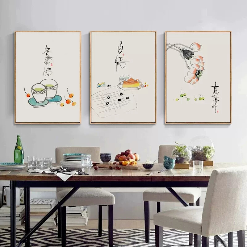 新中式饭厅装饰画田园风饭厅厨房挂画沙发背景壁画中国风三联墙画
