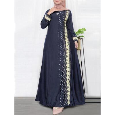 Womens Floral Dot Print Long Sleeve Maxi Dress Modest Round