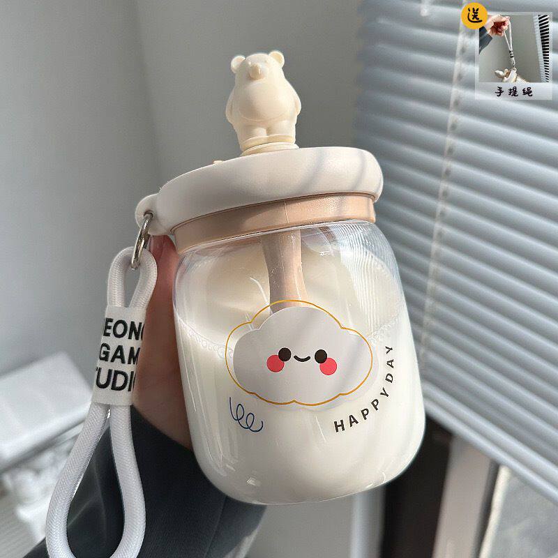 水杯塑料杯女夏季新款2025高颜值可爱家用喝水带把吸管杯搅拌杯子