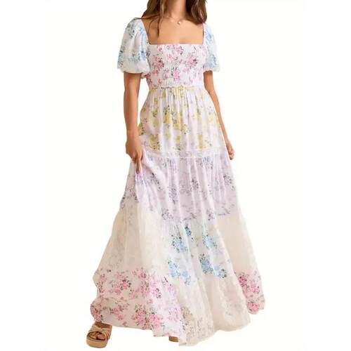Women Summer ALine Dress Casual Ruffled Hem Floral Print