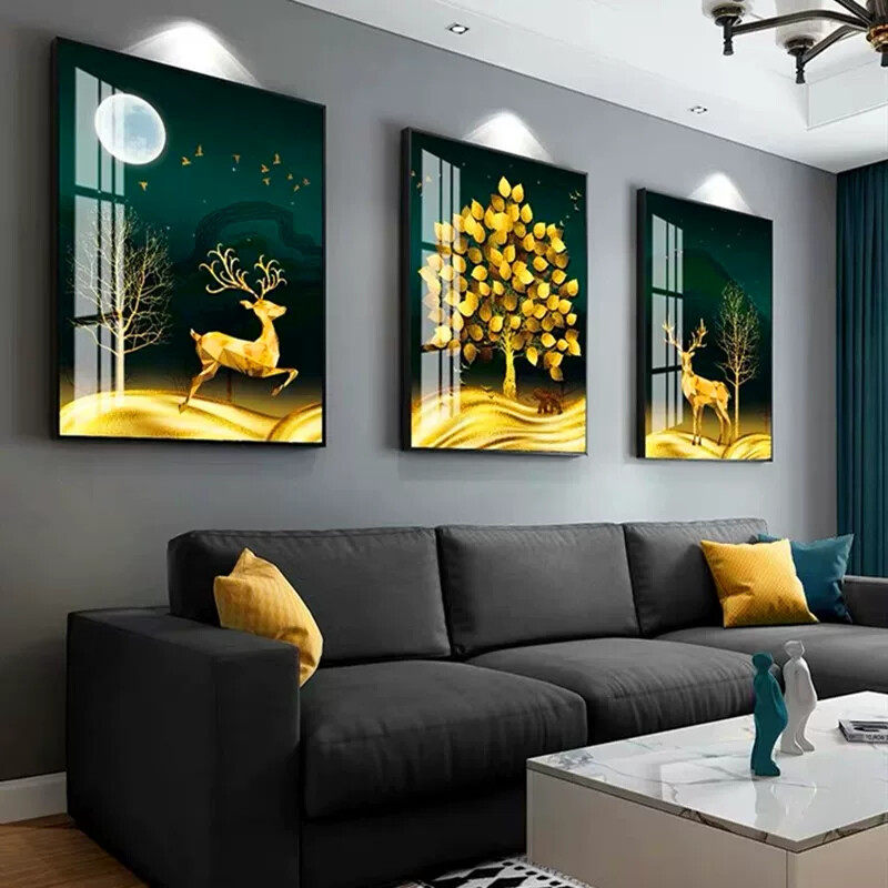 北欧风格客厅装饰画沙发背景墙挂画卧室壁画有框画晶瓷镶钻三联画