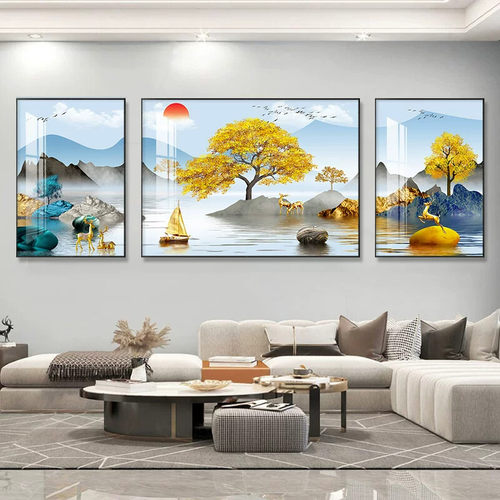 新款大气客厅沙发背景墙壁装饰三联画山水高级晶瓷钻石挂画包安装