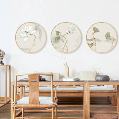 新中式实木圆形装饰画莲花挂画茶室装饰禅意壁画中国风水墨荷花画