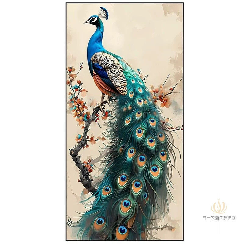 玄关装饰画竖版走廊过道挂画中国风入户客厅正对门墙画孔雀壁画